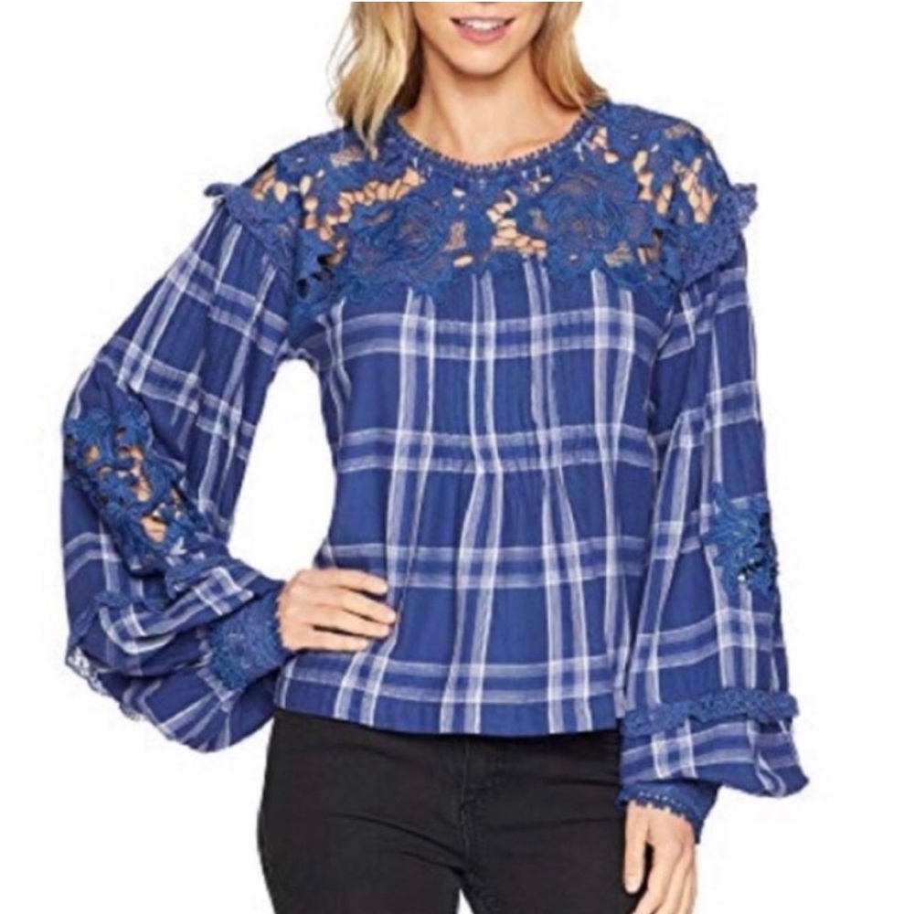 FREE PEOPLE Darling Diana Top blue plaid lace size S western cottagecore
